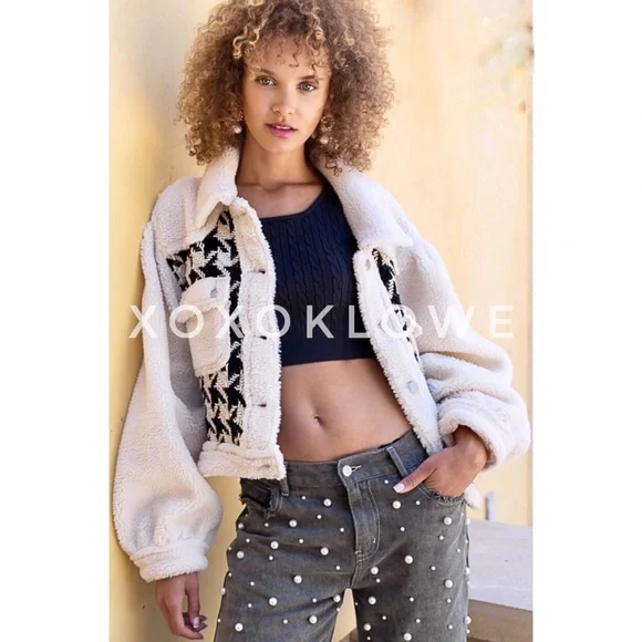 POL Houndstooth Print Sherpa Jacket Button Down Oversized Fit - Picture 4 of 13